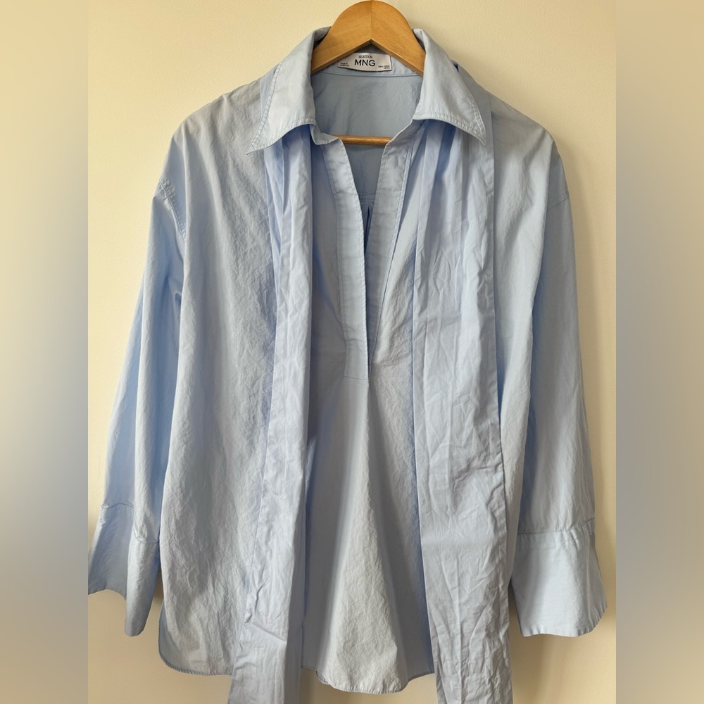 Mango MNG Light Blue Tie Neck Blouse Oversized Bow Shirt Women’s
